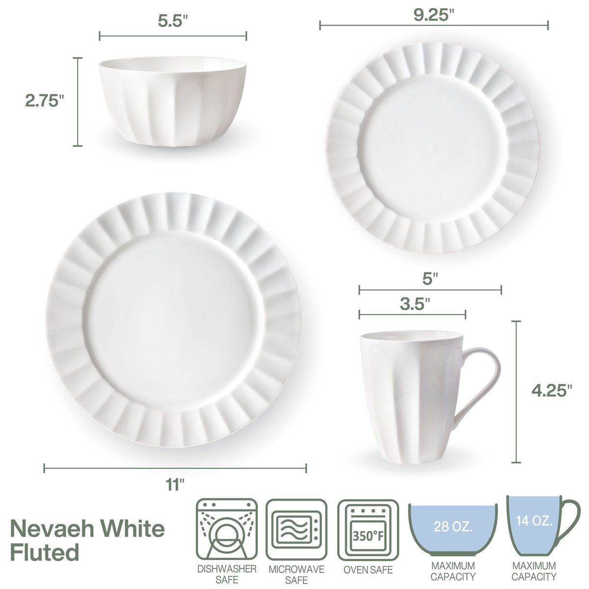 Fitz and Floyd Nevaeh White Fluted 16-Piece Chip-Resistant Bone China